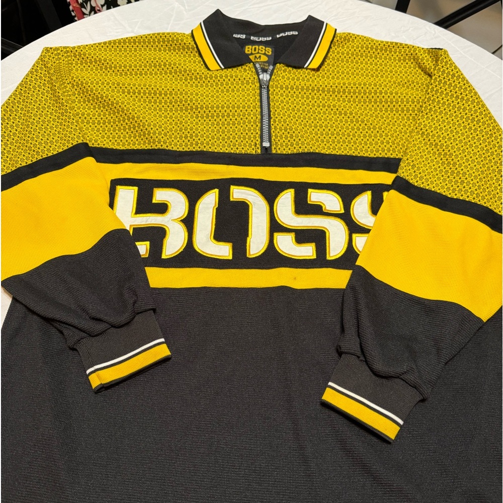 Men's Boss Black and Yellow Long Sleeve Polo Shirt Size M